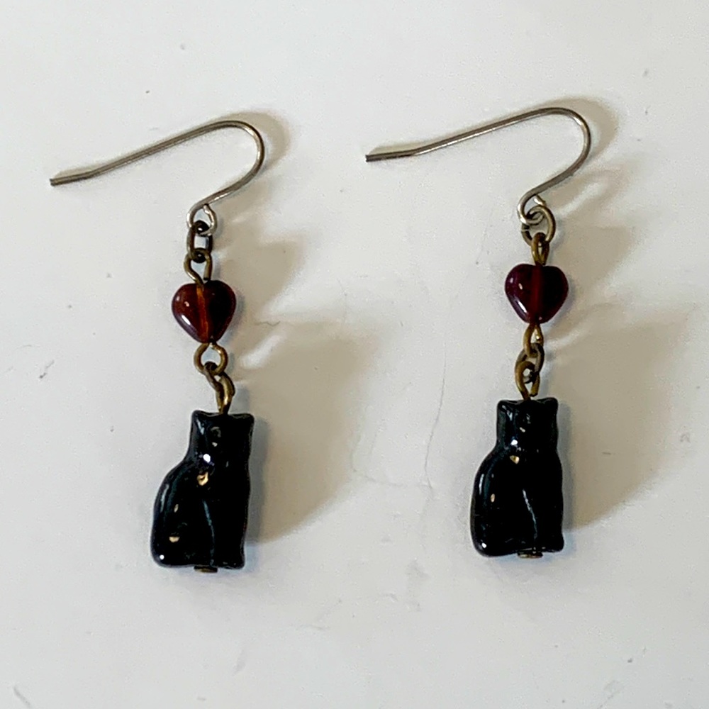 Vintage Glass Cat and Heart Dangle Earrings